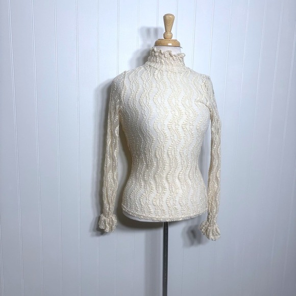 Tops - Cream Lace Mock Neck Top Sheer Romantic Victorian Y2K Fairy Core Stretch